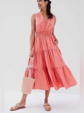 Anthropologie Maeve Tiered Midi Dress Coral Rose Smocked Size 8